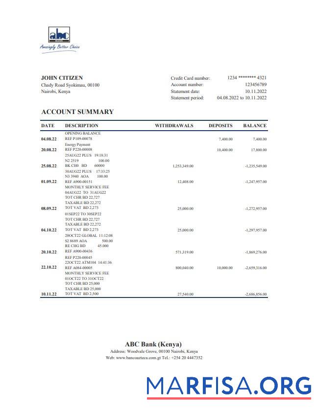Realistic Kenya ABC bank statement excel example